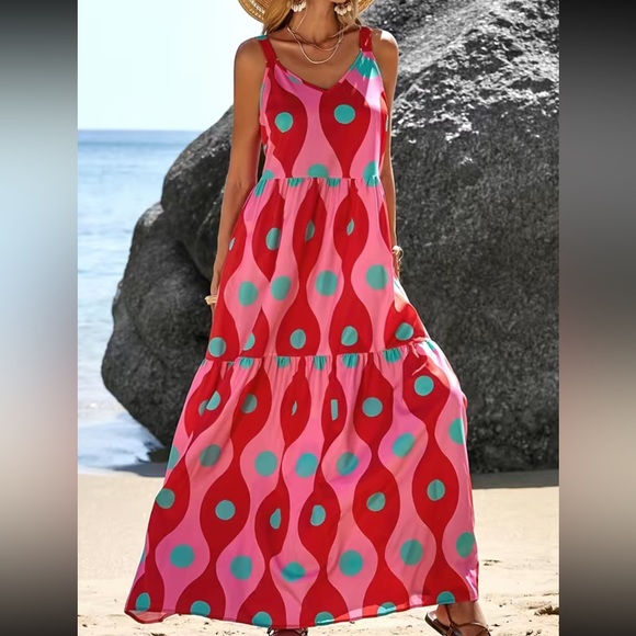 Geo polka dots print ruffle hem cami dress - Picture 2 of 6